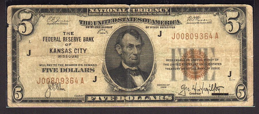 Fr.1850-F, 1929 $5 Kansas City, J00809364A